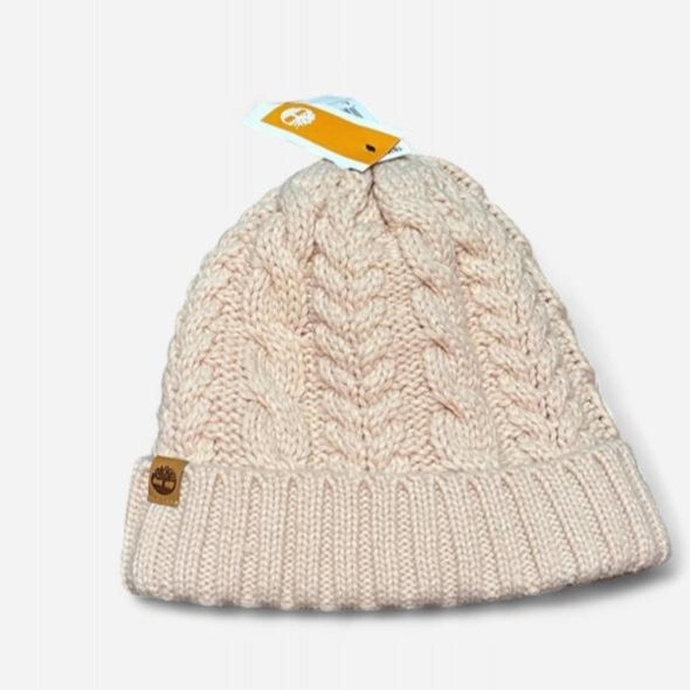 NWT Timberland Women's Cable Knit Beanie Fleece Lined Blush Pink Cream Winter